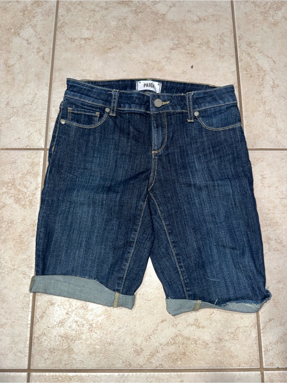 PAIGE Women’s Denim Bermuda Shorts Size 26 Dark Wash Rolled Hem Stretch